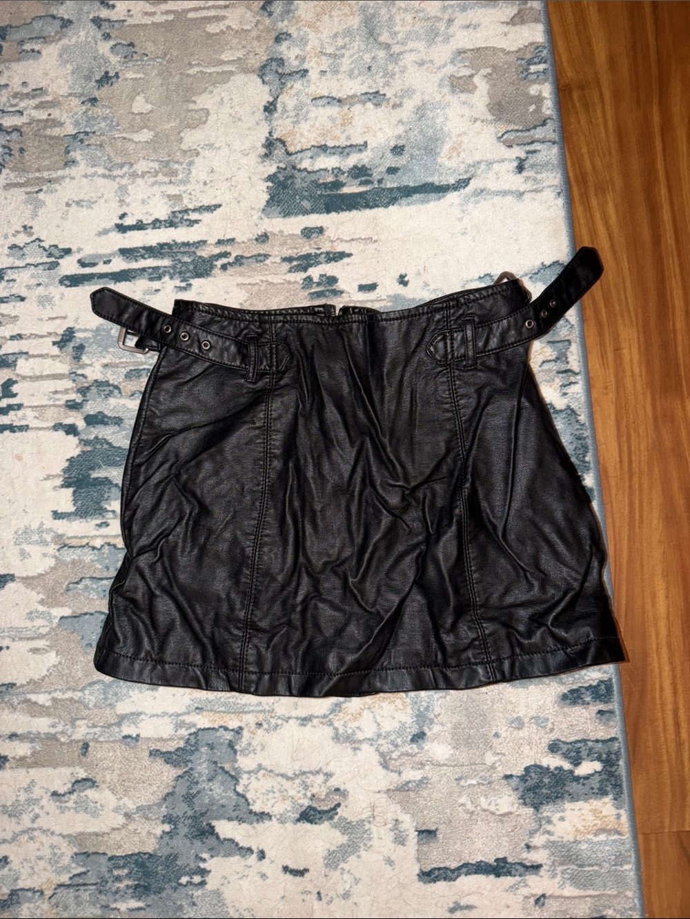 Free People Black Faux Leather Mini Skirt with Buckled Waist